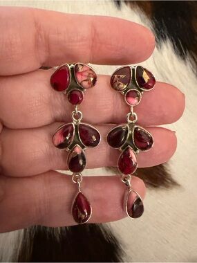 ❤️ Red Dahlia Kingman Turquoise Navajo Style Chandelier Dangle Earrings  2.07”L